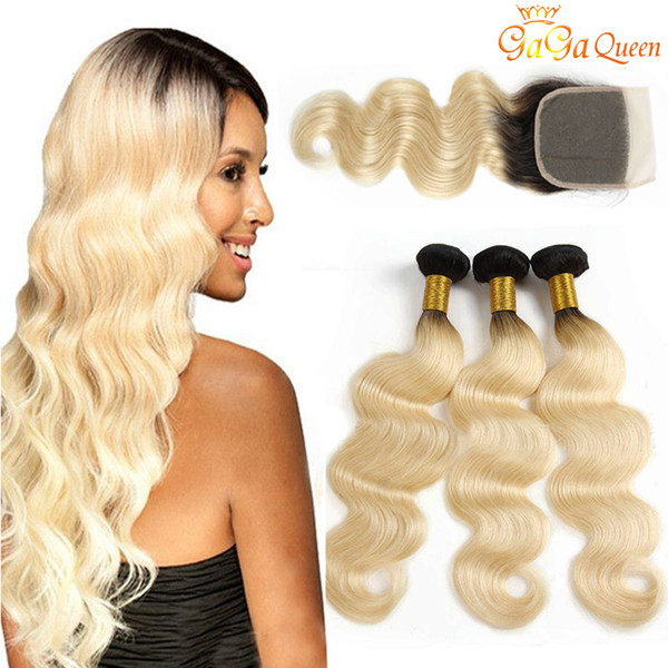 4x4 Lace Closure With 1B 613 Body Wave Hair Bundles Dark Roots Honey Blonde Virgin Human Hair