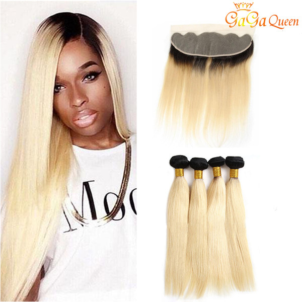 4x13 Ear to Ear Lace Frontal Closure With Hair Bundles 1b 613 Straight Hair Bundles With Frontal Ombre Hair