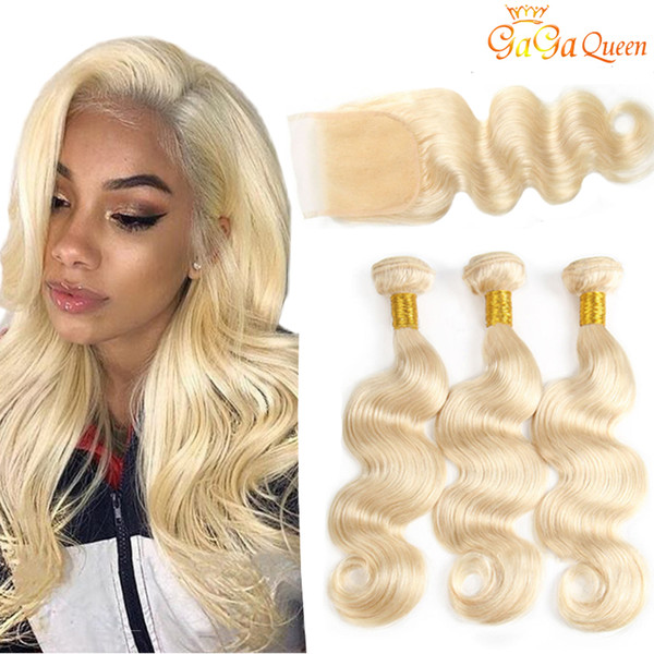 613 Peruvian Virgin Hair With Closure 3 Bundles Blonde Peruvian Body Wave Human Hair Bundles With 4x4 Lace Closure