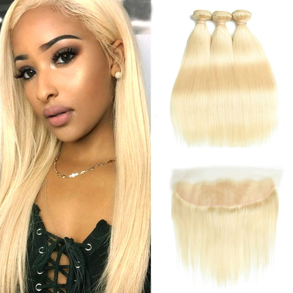 613 Blonde Bundles Brazilian Remy Straight Human Hair Lace Frontal Closure With Bundles 613 Blonde Human Hair 3 Bundles With Closure