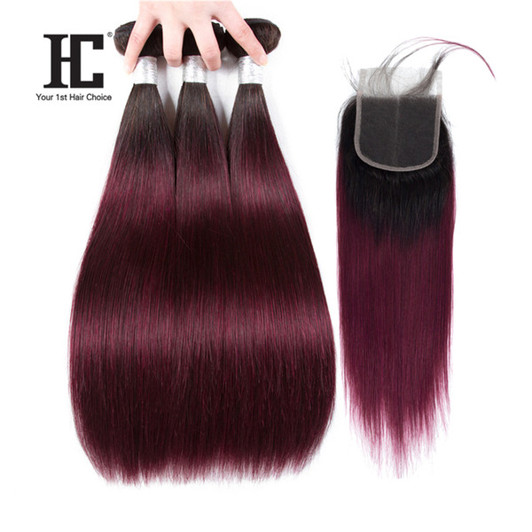 HC Straight Human Hair With Lace Closure 4*4 T1B/99J Ombre Brazilian Hair Bundles Extensions 3 Bundles With Middle Part Closure 4pcs/lot