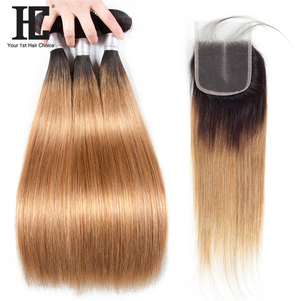 HC Pre-Colored Brazilian Straight Ombre Human Hair Bundles With Lace Closure #1b/27 Remy Hair 3 Bundles With 4*4 Lace Closure Middle Part