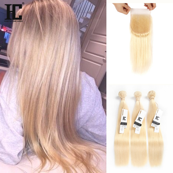 HC Brazilian Virgin Hair #613 Blonde Human Hair 3 Bundles With Lace Closure Bleach Blonde Straight Hair Weaves With 4*4 Lace Closure