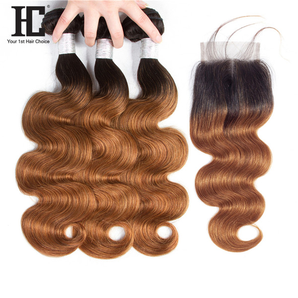 HC Ombre 1B 30 Pre-plucked Lace Closure With 3 Bundles Body Wave Human Hair Brazilian Hair Extensions With 4*4 Lace Closure Middle Part