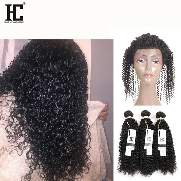 HC Malaysian Kinky Curly 360 Lace Frontal Closure with Bundles 3 Bundles Hair Extension Weave with 360 Lace Frontal Full Lace Frontal Human