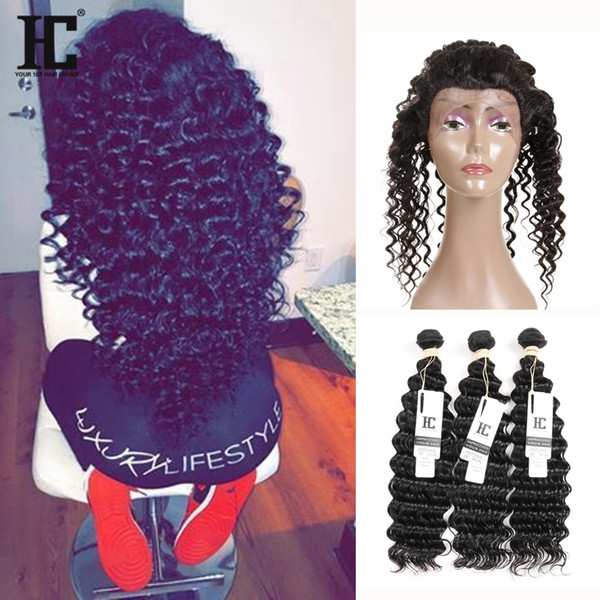 HC Hair 360 Lace Frontal With Bundles Brazillian Deep Wave Curly Hair Weaves With Pre Plucked 360 Lace Frontal 4PCS Lot