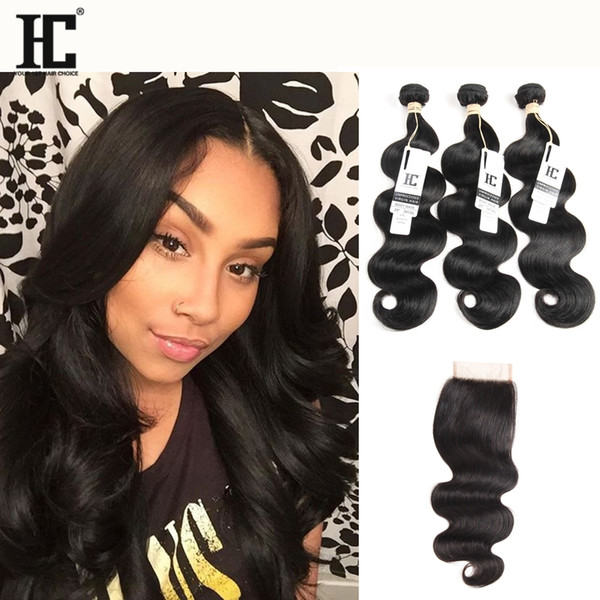 HC Hair Brazilian Body Wave Human Hair Weaves 3 Bundles With Lace Closure Unprocessed Brazilian Malaysian Peruvian Indian Remy Human Hair