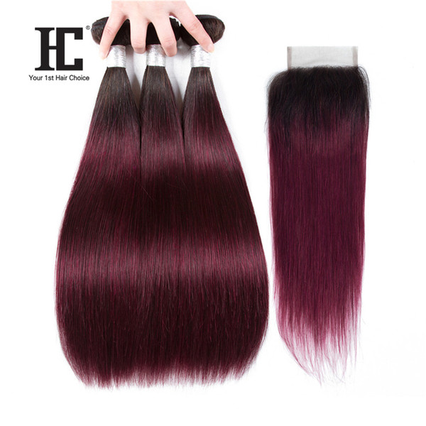 HC Straight Human Hair With Lace Closure 4*4 Three/Middle/Free Part T1B/99J Ombre Color Brazilian Hair Extensions 3 Bundles With Closure