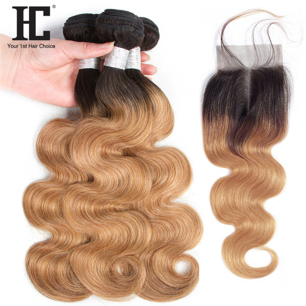 HC 3 Bundles Brazilian Body Wave Bundles With Closure Pre-colored Ombre Human Hair Bundles With Lace Closure Middle Part 2 Tone 1b 27