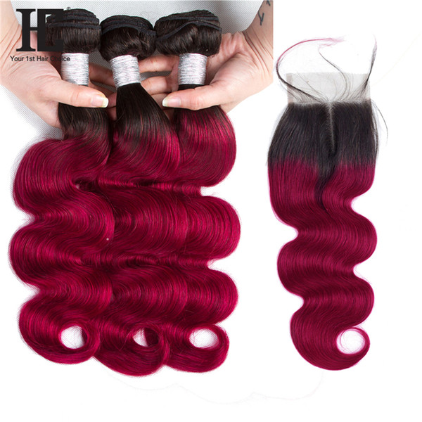 HC Ombre Bundles With Closure 1B/Burgundy Two Tone Ombre Hair Weave Brazilian Body Wave 3 Bundles Pack With Lace Closure Middle Part