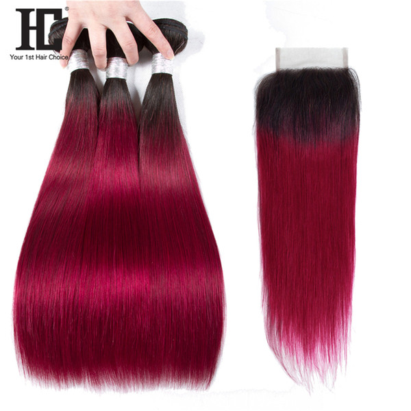 HC Pre-colored Brazilian Straight Ombre Hair Bundles 1b Burgundy Ombre Hair Extension 3 Bundles With Closure 4*4inch Lace Free Part