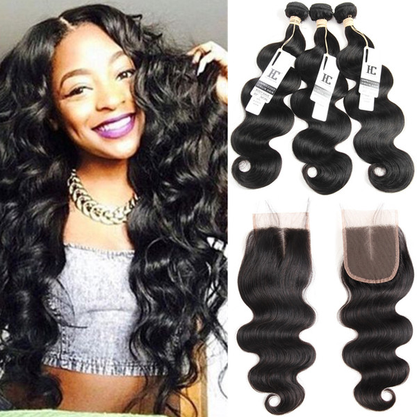 8A Brazilian Hair Body Weave 3 Bundles With Closure Three Middle Free Part Unprocessed Human Hair Bundles With Closure 4 pcs/lot Natural #1B