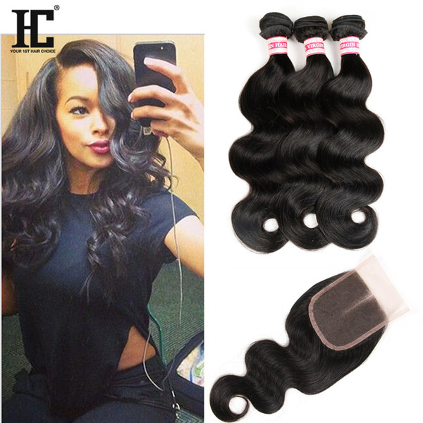 3 Bundles Brazilian Body Wave Hair With Lace Closure 4*4 Free Middle Three Part Lace Closure 4pcs/lot Human Hair Extension Natural Color