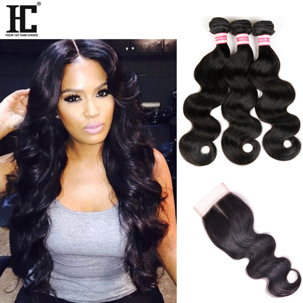 HC Hair Products Brazilian Body Wave Lace Closure Non Remy Weft Hair Weave 3 Bundles Human Hair Bundles With Closure Natural Color 1B