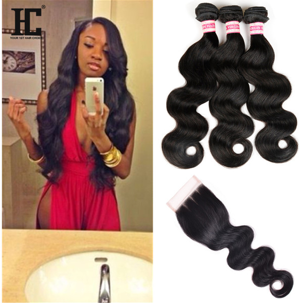 8A Peruvian Hair Bundles With Closure Body Wave 3 Bundles Remy Hair Weave 4 Pcs/Lot Human Hair Bundles With Closure Free Middle Three Part