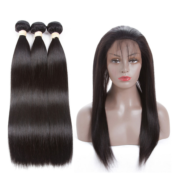 360 Lace Frontal With 3 Bundles Brazilian Straight Hair Closure Natural Color 100% Non Remy Human Hair 