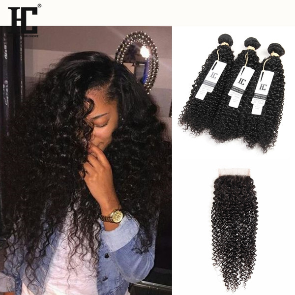 Kinky Curly Brazilian 3 Bundles with Closure Free Middle 3 Part Double Weft Human Hair Extensions Dyeable Human Hair Weave