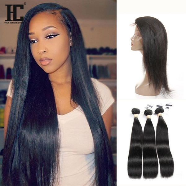 HC 360 Full Lace Frontal Closure With 3 Bundles Brazilian Virgin Hair Weaves Straight 8A Peruvian Indian Malaysian Cambodian Remy Human Hair