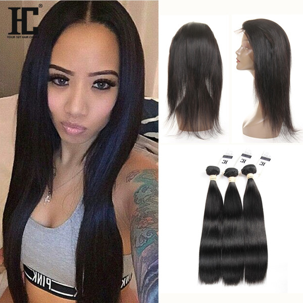 HC Pre Plucked 360 Lace Frontal Closure with Bundles 3 pcs Malaysian Virgin Hair with 360 lace frontal Malaysian Straight Hair Extension