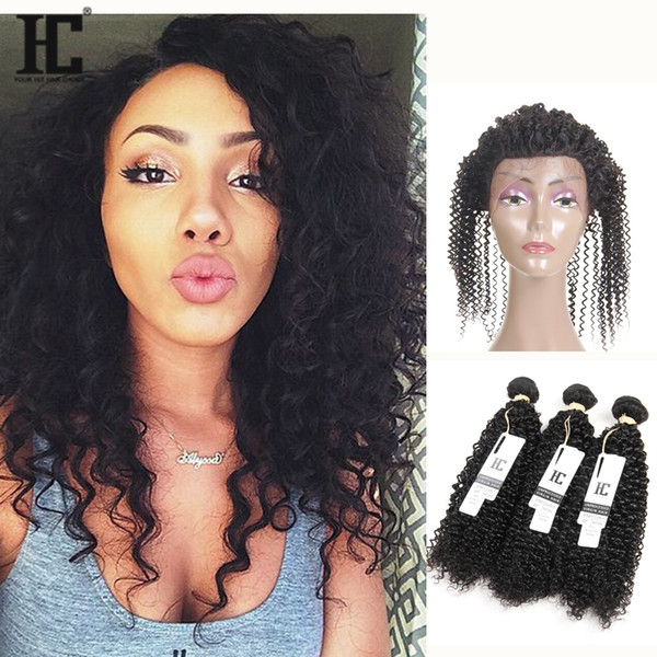 HC Kinky Curly Brazilian Human Hair Products With 360 Lace Frontal closure 3Pcs Brazilian Virgin Hair Bundles with 360Lace Frontal Closure