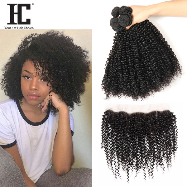 HC Hair Kinky Curly Brazilian Human Hair Products With Lace Frontal closure 4Pcs Brazilian Virgin Hair Bundles with Lace Frontal Closure