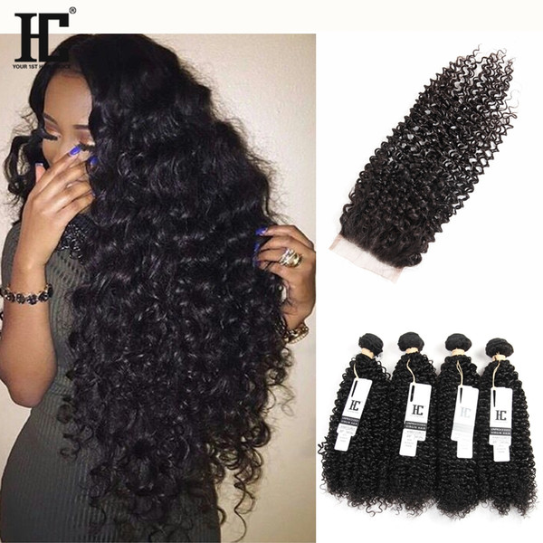 HC Peruvian Human Hair Curly Lace Closure And Hair Weaves Peruvian Kinky Curly Unprocessed Human Hair Weave 4 Bundles With Lace Closure