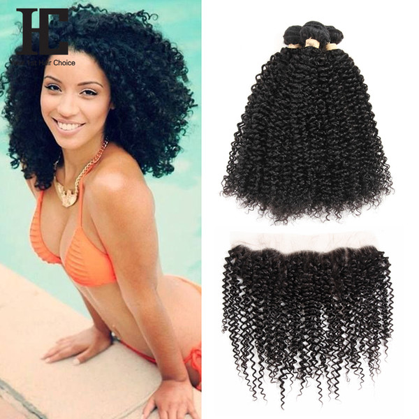 HC Hair Brazilian Kinky Curly Human Hair Wefts with 13x4 Ear to Ear Lace Frontal Natural Color Can be Dyed Unprocessed Human Hair