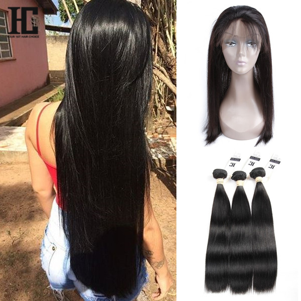 HC Hair Straight Peruvian Human Hair Products With 360 Lace Frontal closure 3 Pcs Peruvian Virgin Hair Bundles with 360 Lace Frontal