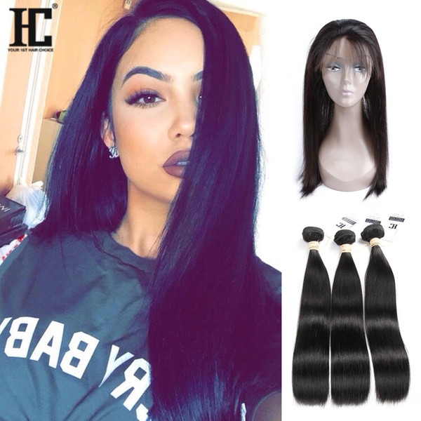 HC Hair Malaysian Straight Human Hair Bundles With 360 Lace Frontal Malaysian Human Hair With 360 Lace Frontal 100% Unprocessed Weaves