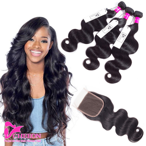 8A Peruvian Virgin Hair Body Wave 3 Bunldes with Lace Closure Human Hair Body Wave With Closure Unprocessed Human Hair Weave with Closures