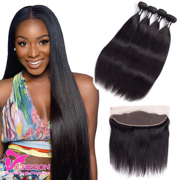 Brazilian Straight Virgin Human Hair 4x13 Ear to Ear Lace Frontal With 4 Bundles Unprocessed Brazilian Straight Hair With Frontal Closure