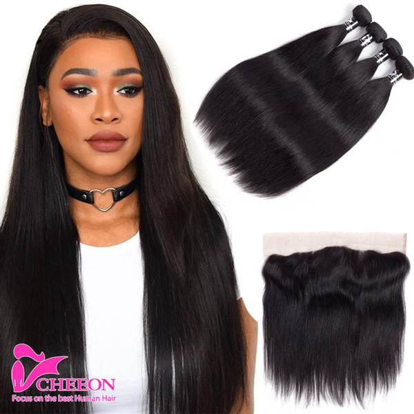 Lace Frontal Closures With 4 Bundles Brazilian Peruvian Indian Malaysian Cambodian Mongolian Straight Virgin Human Hair Weaves Closure