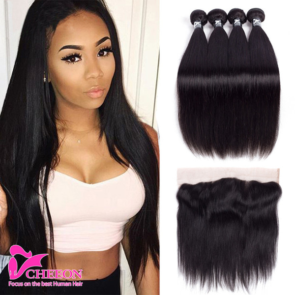 CHEEON Hair Lace Frontals With Straight Hair And Bundles Full Frontal Closure With Human Hair weaves Brazillian Straight 5Pcs/lot