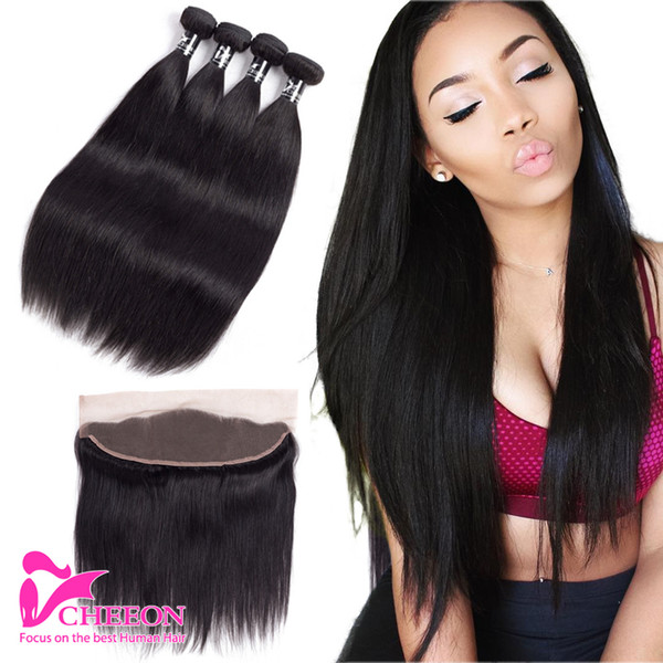 Peruvian Straight Virgin Hair with Lace Frontal Closure With Bundles 100% Unprocessed Human Hair Weave Bundles With Closure CHEEON Products