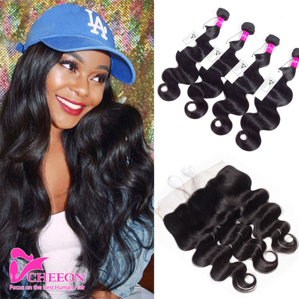 Brazilian Virgin Human Hair Body Wave With Lace Frontal Closure 4 Bundles With 13x4 Ear to Ear Lace Frontal Closure CHEEON Weaves Closure