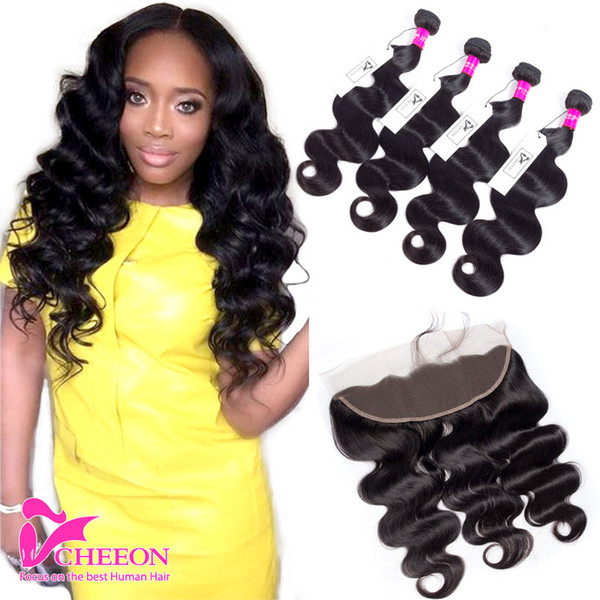 Peruvian Virgin Hair With Lace Frontal Closure 13X4 With Baby Hair Body Wave Full Frontal With 4 Bundles Unprocessed Virgin Human Hair