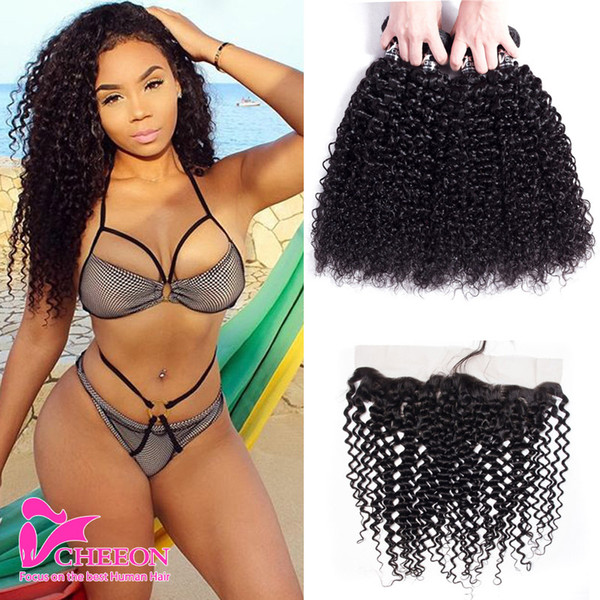 CHEEON Brazilian Human Hair Kinky Curly Lace Frontal Closure With Hair Bundles 3Pcs 13x4 Ear To Ear Full Lace Frontals With Hair Weaves