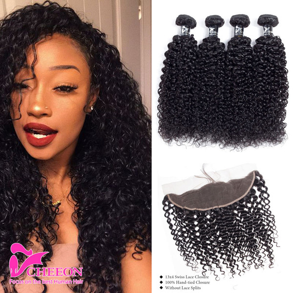 8A Grade Brazilian Virgin Kinky Curly 4 Bundles with Lace Frontal Ear to Ear Hairline 13*4 Frontal with Human Hair Weaves 5pcs/Lot