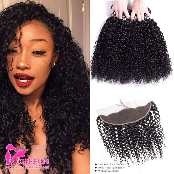 Brazilian Curly Virgin Human Hair 13*4 Ear to Ear Lace Frontal With 4 Bundles Unprocessed Brazilian Kinky Curly Hair With Frontal Closure