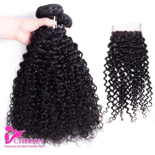 Brazilian Human Hair Bundles with Closure Kinky Curly Hair 3 Bundles with 4x4 Closure 100% Unprocessed Virgin Human Hair Lace Closure