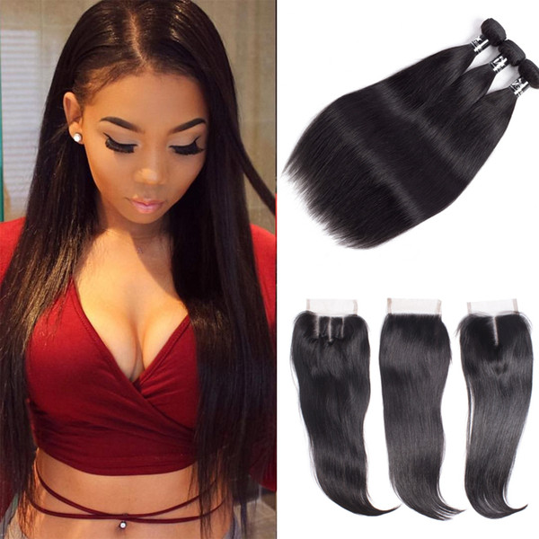 Brazilian Straight/Body wave Human Hair Bundles With Closure Brazilian Human Hair With Lace Closure 100% Unprocessed Virgin Hair Weaves 3+1