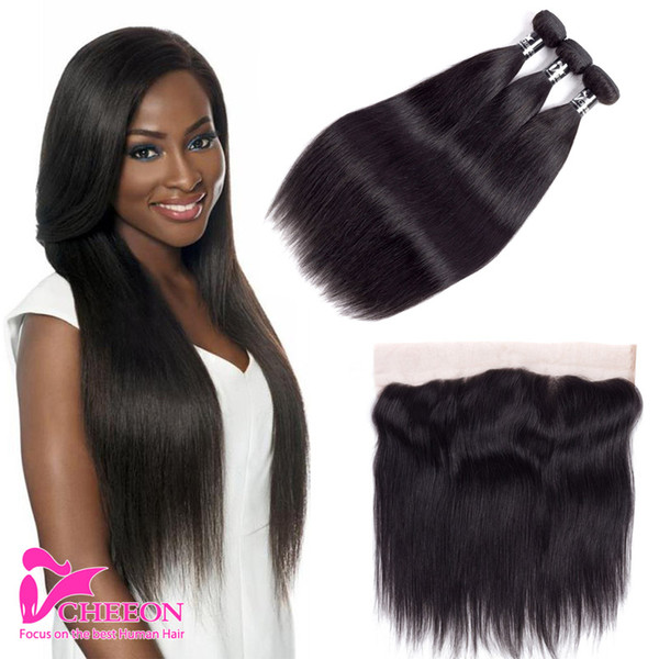 CHEEON Human Hair With Closure Lace Frontal Closure With 3 Bundles Brazilian Virgin Straight 13x4 And 3 Bundle Hair