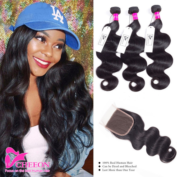 8A Indian Virgin Hair Body Wave 3 bundles with Closure Unprocessed Human Hair Weave with Lace Closure Indian Human Hair Wefts with Closure