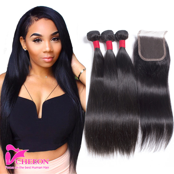 3 Part Lace Closure with 3 bundles Straight Wave 4x4 Peruvian Virgin Human Hair 100% Unprocessed Three Part Lace Closure Natural Color