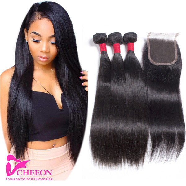 8A Malaysian straight hair 3 bundles with closure Malaysian virgin hair with closure human hair weave bundles with lace closure No Shedding