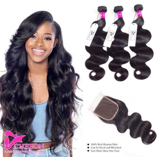 8A Human Hair Bundles With Closure 3 Pcs Brazilian Virgin Hair With Closure Body Wave Peruvian Malaysian Indian Hair 3 Bundles With Closure