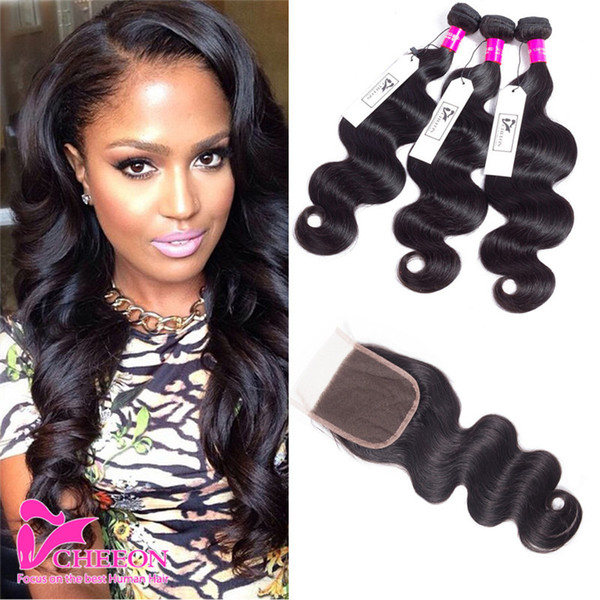 8A Grade Malaysian Virgin Hair Body Wave 3 Bundles with Closure Baby Hair 4Pcs/Lot Malaysian Virgin Human Hair Bundles with Lace Closure