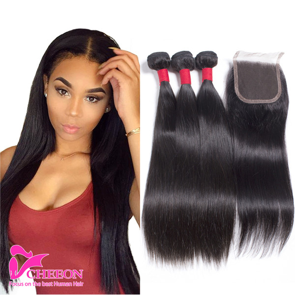 Brazilian Hair With Closure 3 Bundles Unprocessed Virgin Brazilian Straight Human Hair Bundles With Lace Closure Free Middle Three Part