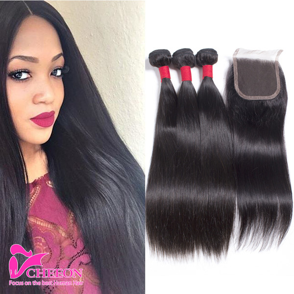 8A Filipino Virgin Straight Hair with Lace Closure 100% Unprocessed Human Hair with Closure 3 bundles with closure Malaysian Silky straight