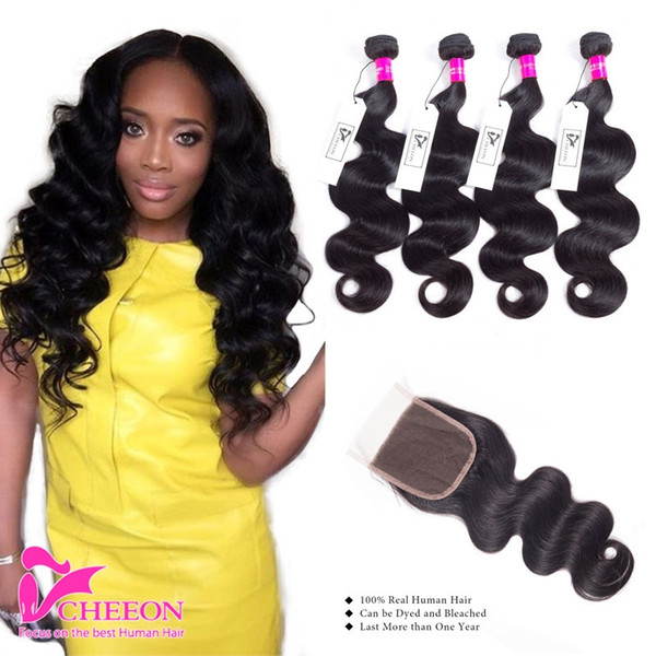 Brazilian Body Wave Hair Weaves 4 Bundles with Lace Closures Free Middle 3 Part Double Weft Human Hair Extensions Dyeable No Shedding